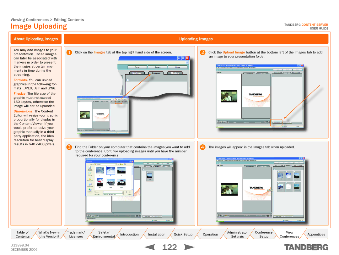 TANDBERG D13898.04 manual 122, Image Uploading, About Uploading Images 