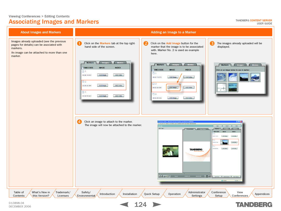 TANDBERG D13898.04 manual 124, Associating Images and Markers, About Images and Markers, Adding an Image to a Marker 