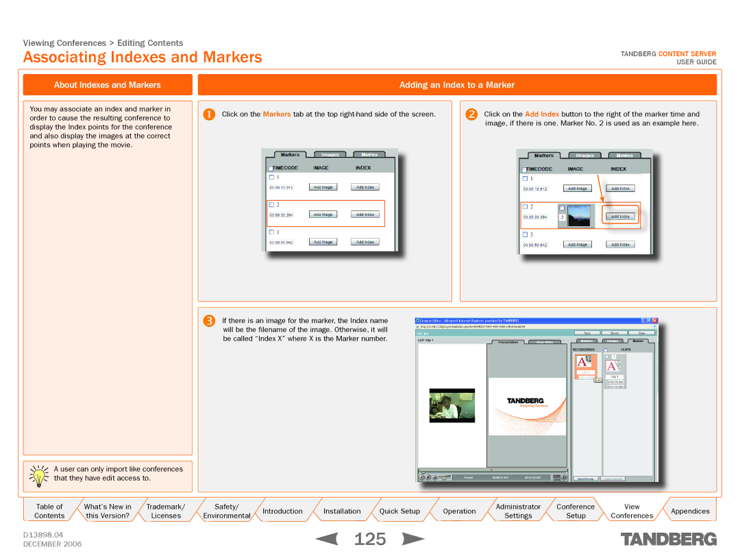 TANDBERG D13898.04 manual 125, Associating Indexes and Markers, About Indexes and Markers Adding an Index to a Marker 