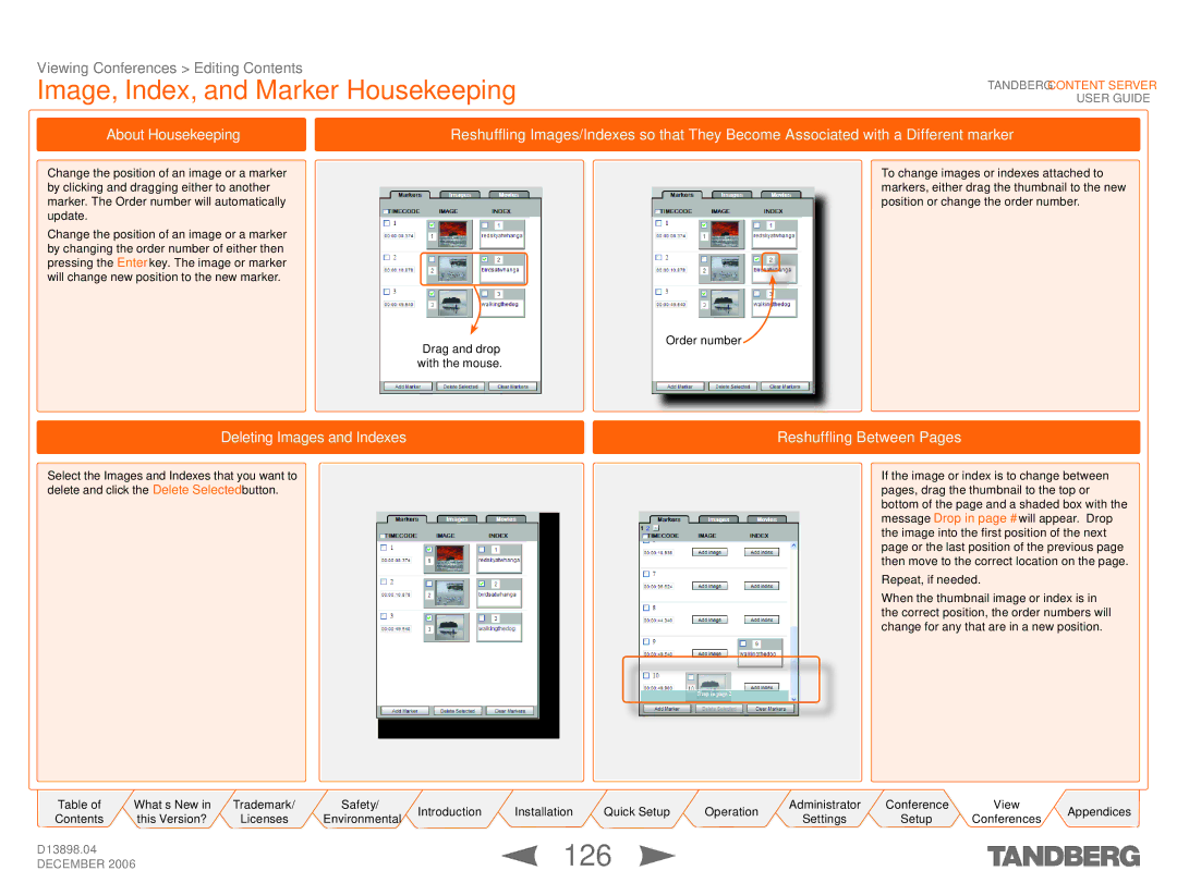 TANDBERG D13898.04 manual 126, Image, Index, and Marker Housekeeping, Deleting Images and Indexes Reshuffling Between Pages 