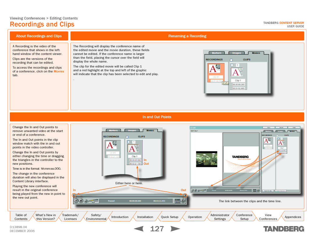 TANDBERG D13898.04 manual 127, About Recordings and Clips, Out Points, Renaming a Recording 