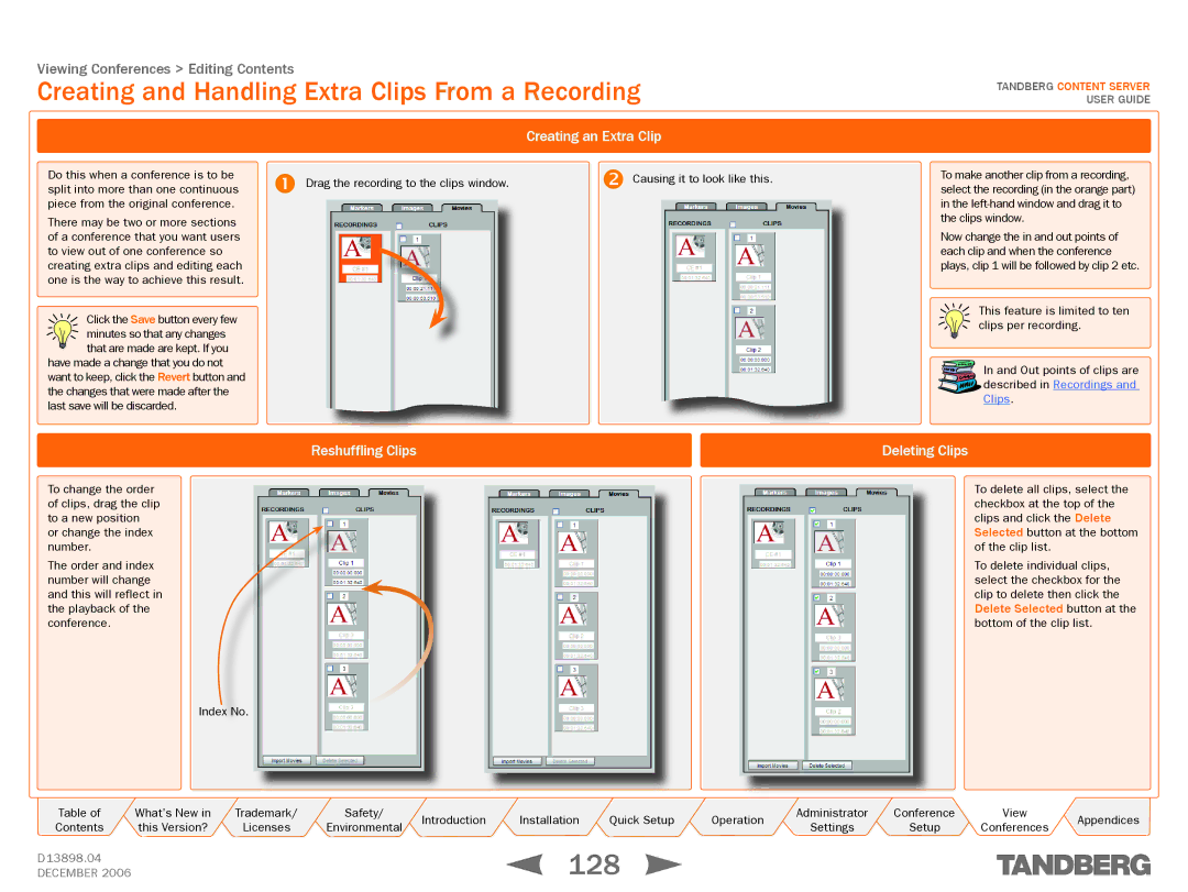 TANDBERG D13898.04 128, Creating and Handling Extra Clips From a Recording, Creating an Extra Clip, Reshuffling Clips 