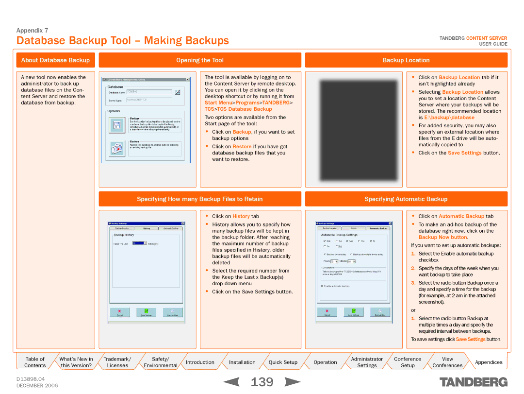 TANDBERG D13898.04 manual 139, Database Backup Tool Making Backups 