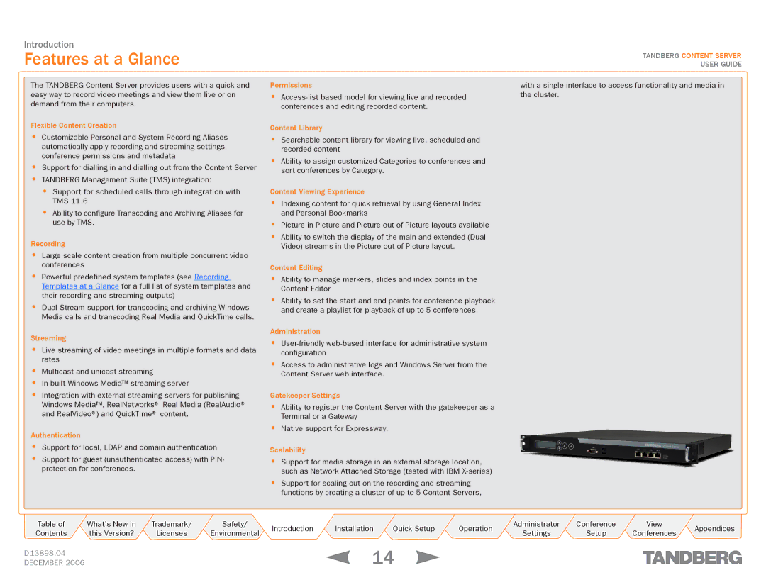 TANDBERG D13898.04 manual Features at a Glance 