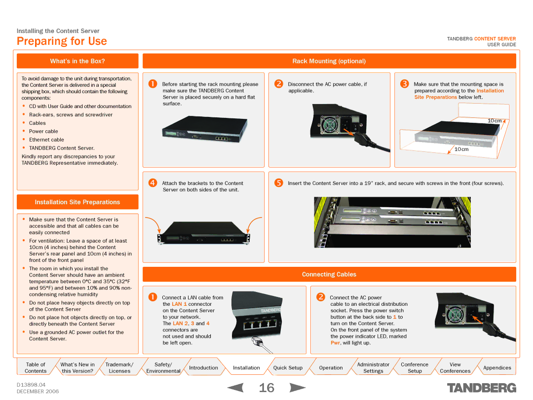 TANDBERG D13898.04 manual Preparing for Use, What’s in the Box?, Rack Mounting optional, Installation Site Preparations 