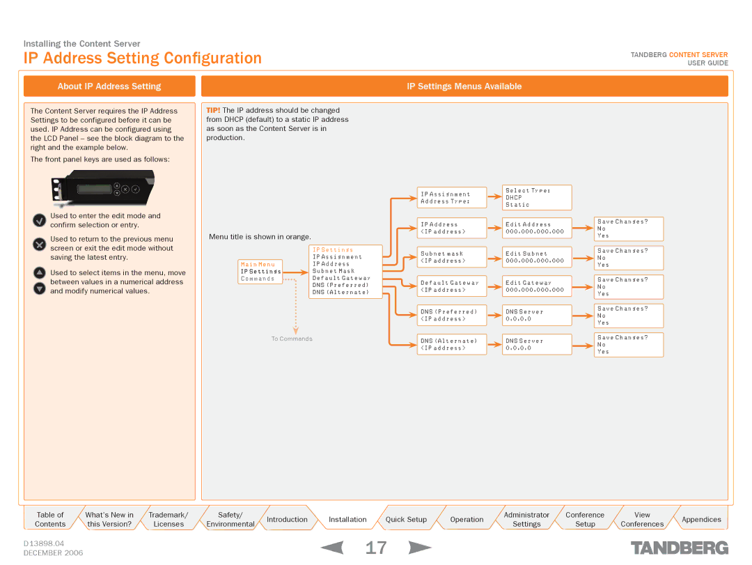 TANDBERG D13898.04 manual IP Address Setting Configuration, About IP Address Setting IP Settings Menus Available 