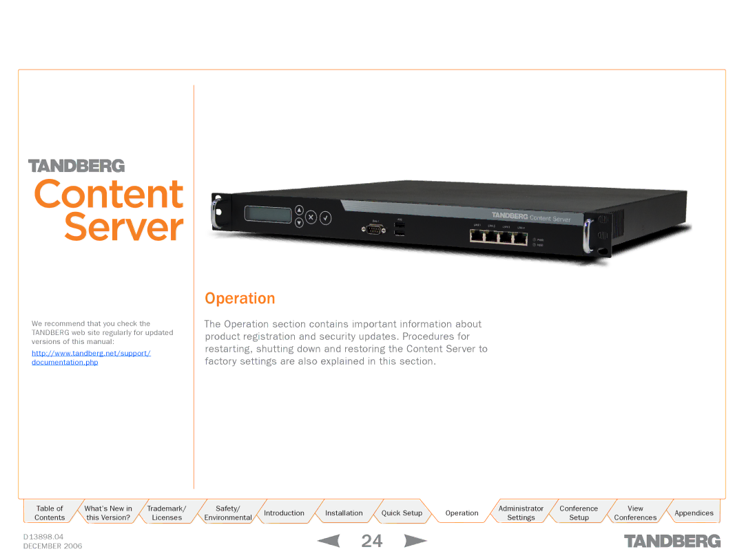 TANDBERG D13898.04 manual Operation 