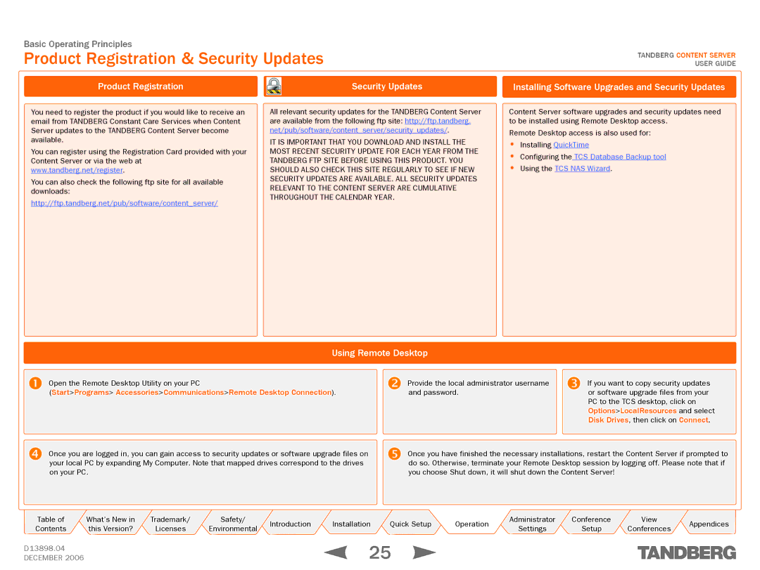 TANDBERG D13898.04 manual Product Registration & Security Updates, Installing Software Upgrades and Security Updates 