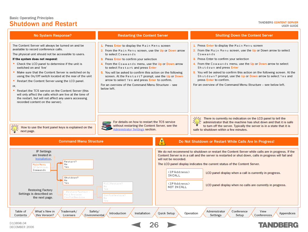 TANDBERG D13898.04 manual Shutdown and Restart 