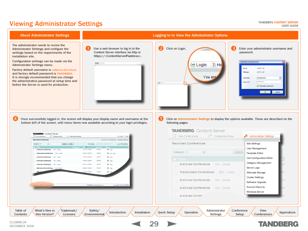 TANDBERG D13898.04 manual Viewing Administrator Settings 