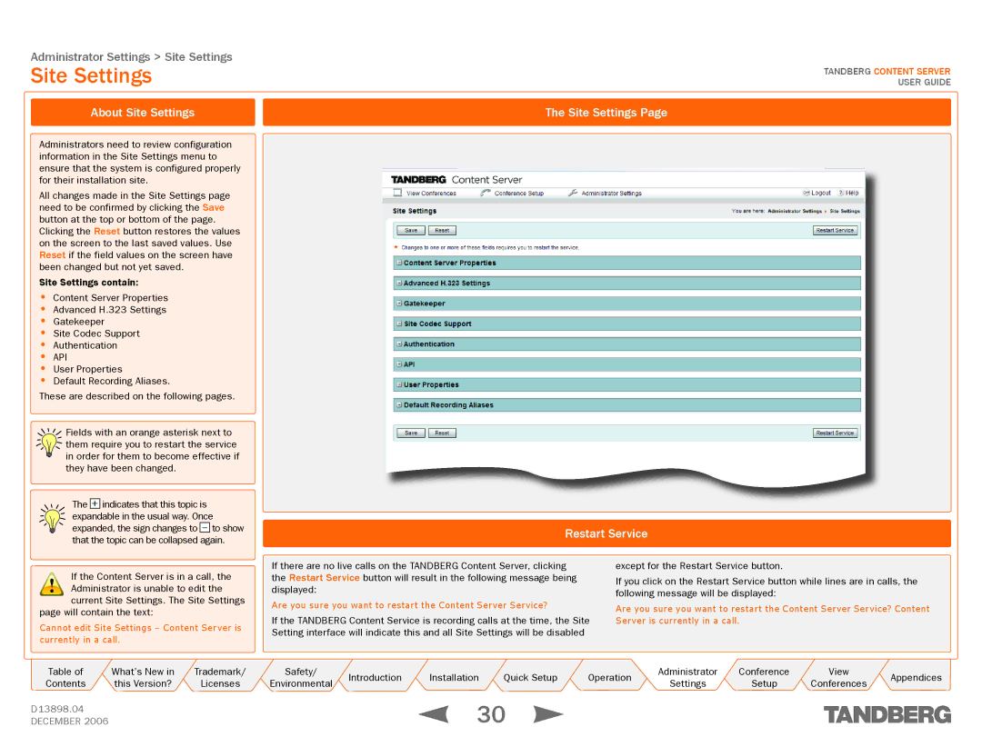 TANDBERG D13898.04 manual About Site Settings, Restart Service 