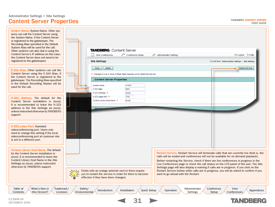 TANDBERG D13898.04 manual Content Server Properties 