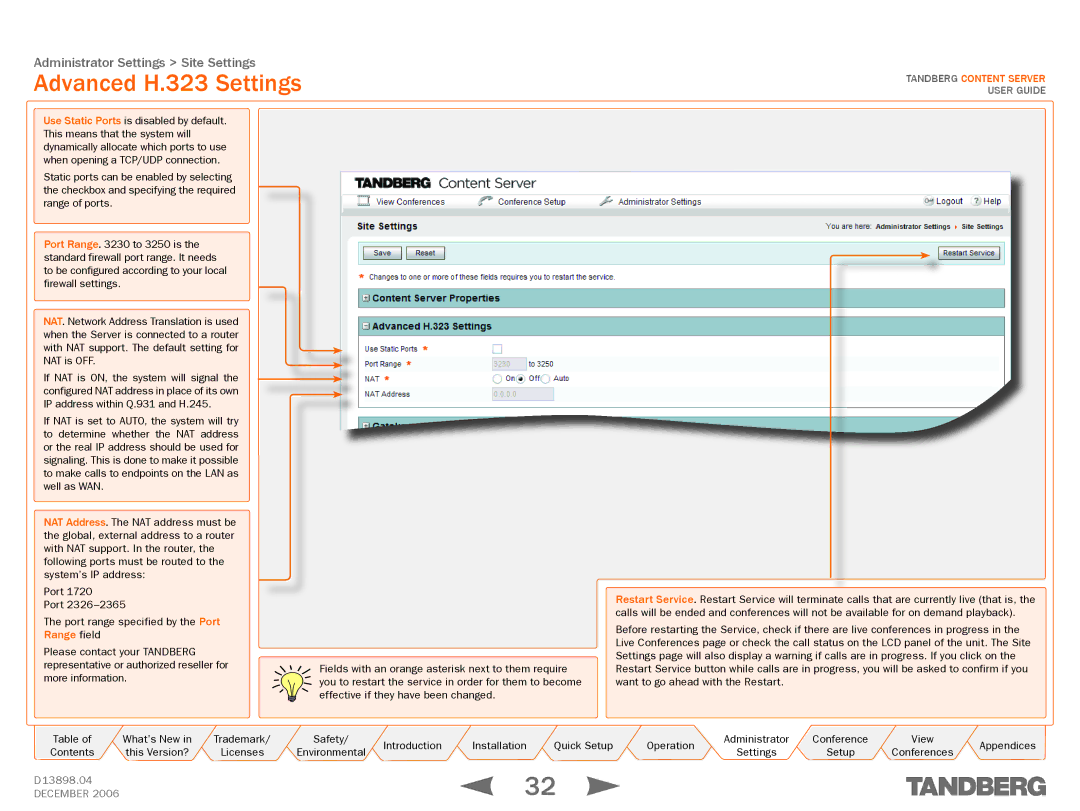 TANDBERG D13898.04 manual Advanced H.323 Settings 