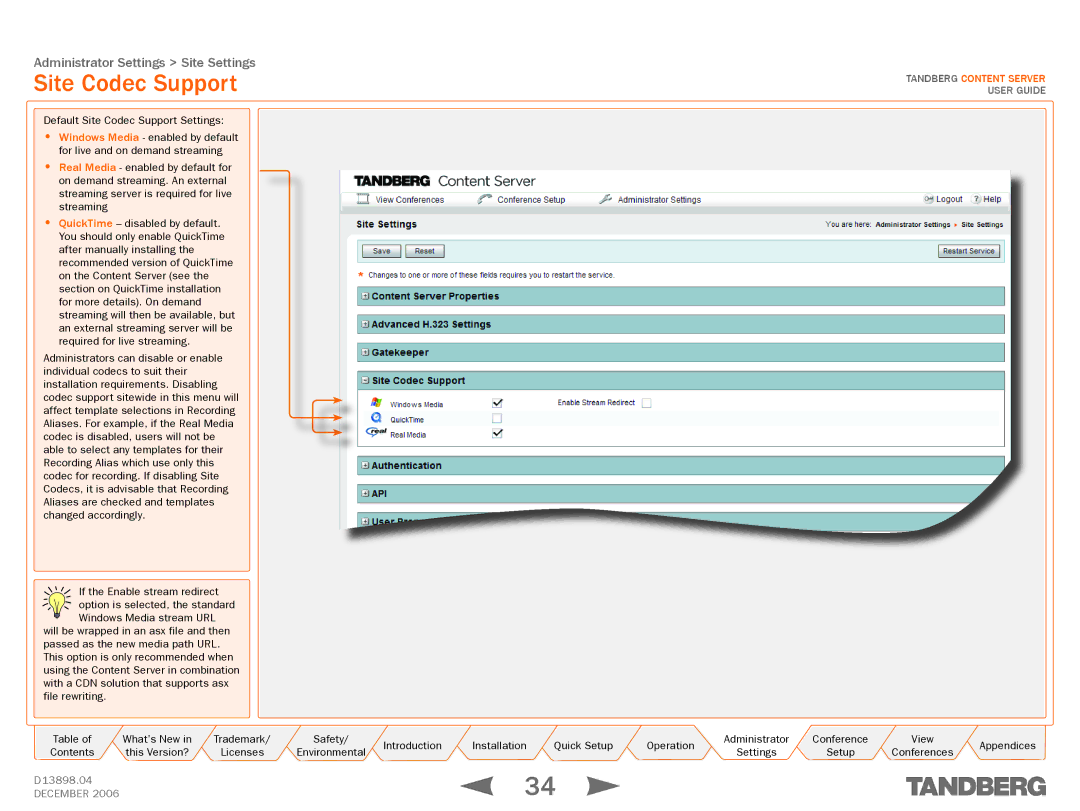 TANDBERG D13898.04 manual Site Codec Support 