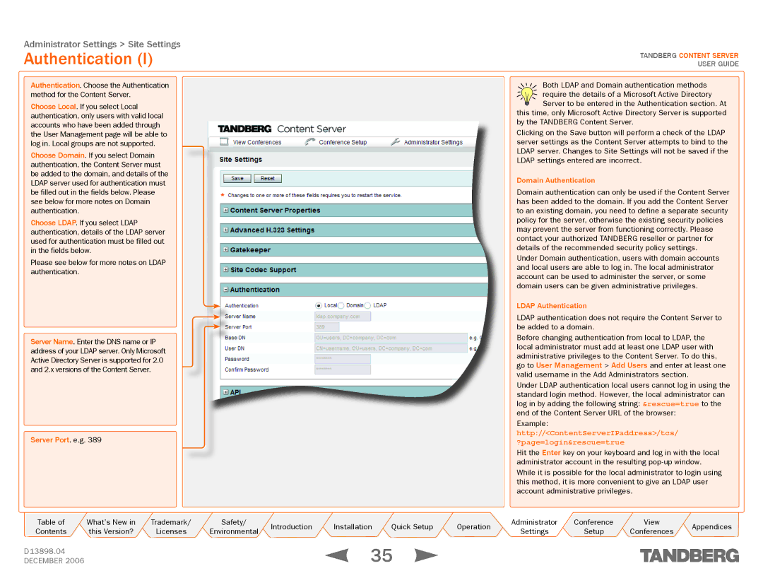 TANDBERG D13898.04 manual Authentication, Http//ContentServerIPaddress/tcs ?page=login&rescue=true 