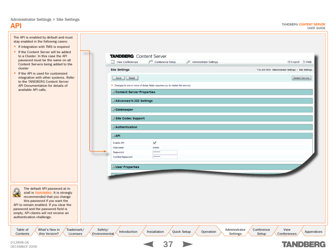 TANDBERG D13898.04 manual Api 