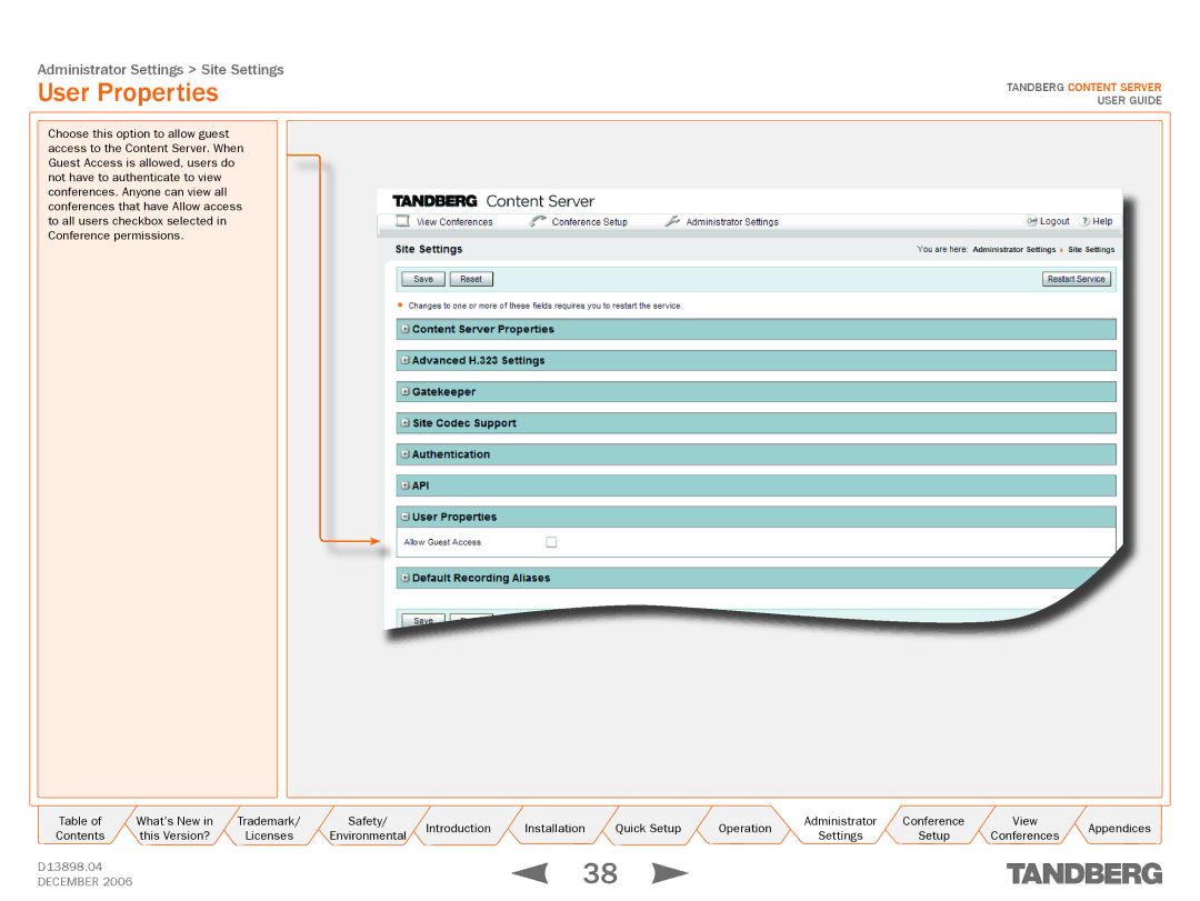 TANDBERG D13898.04 manual User Properties 