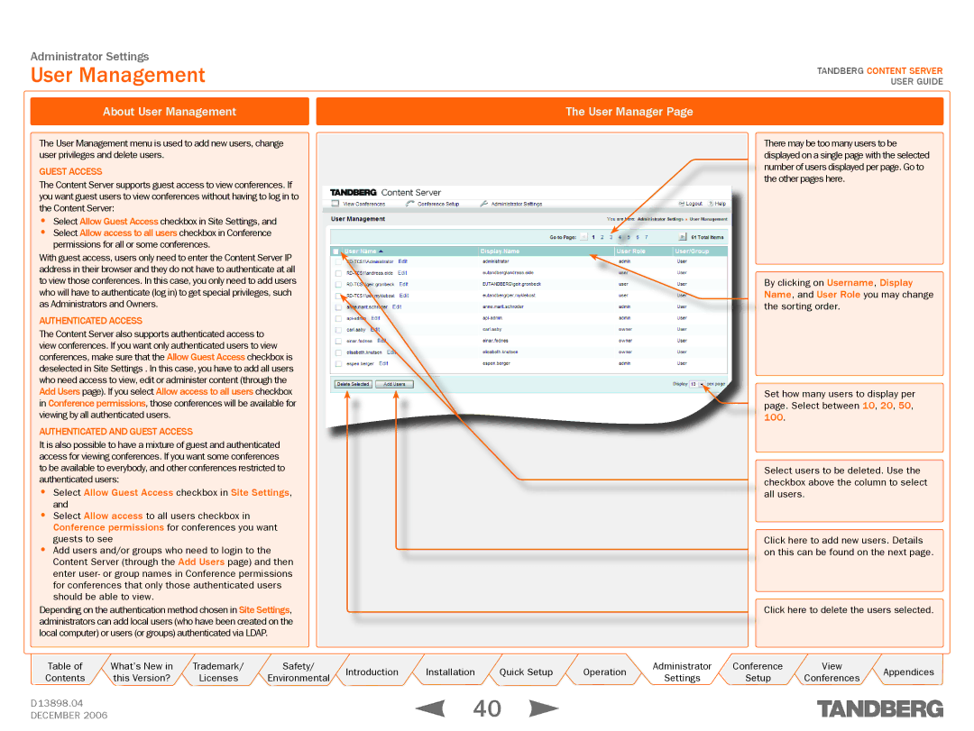 TANDBERG D13898.04 manual About User Management, User Manager, Select Allow Guest Access checkbox in Site Settings 