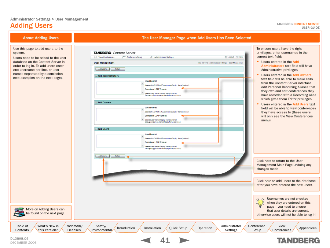 TANDBERG D13898.04 manual About Adding Users, User Manager Page when Add Users Has Been Selected 