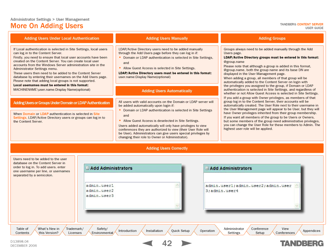 TANDBERG D13898.04 manual More On Adding Users, Adding Users Under Local Authentication, Adding Users Automatically 