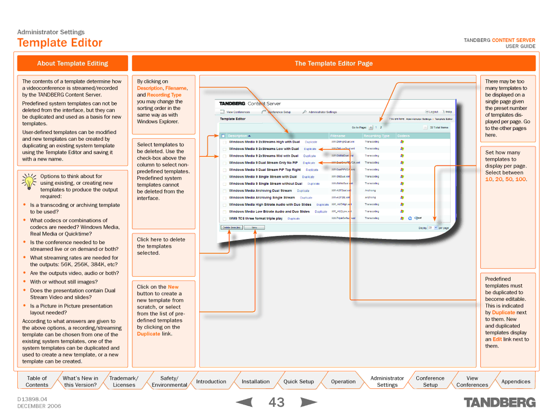 TANDBERG D13898.04 manual Template Editor, About Template Editing, 10, 20, 50 