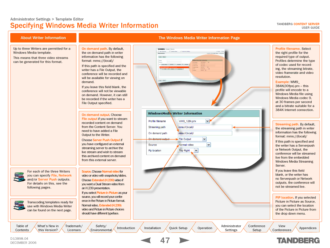 TANDBERG D13898.04 Specifying Windows Media Writer Information, About Writer Information Windows Media Writer Information 