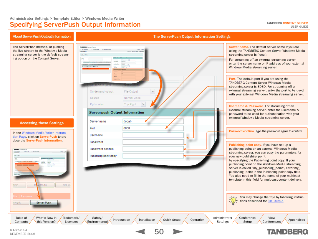 TANDBERG D13898.04 manual Specifying ServerPush Output Information 