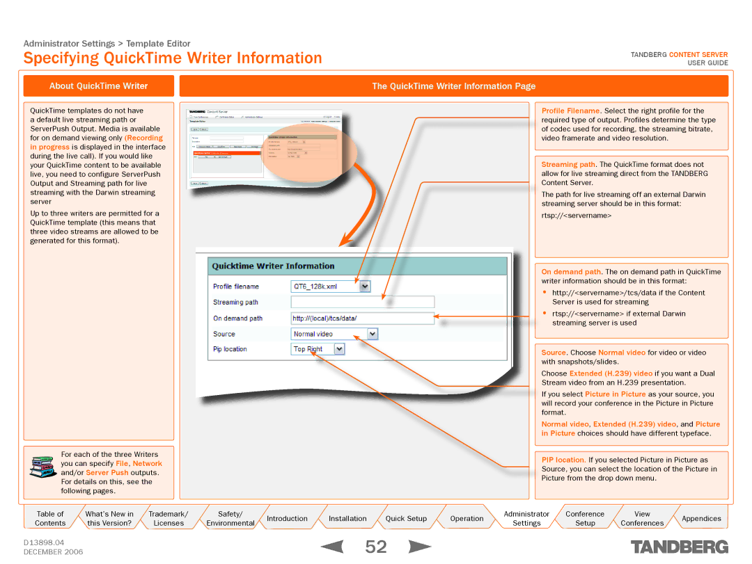 TANDBERG D13898.04 manual Specifying QuickTime Writer Information, About QuickTime Writer QuickTime Writer Information 