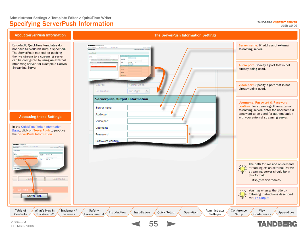 TANDBERG D13898.04 manual Specifying ServerPush Information, About ServerPush Information ServerPush Information Settings 