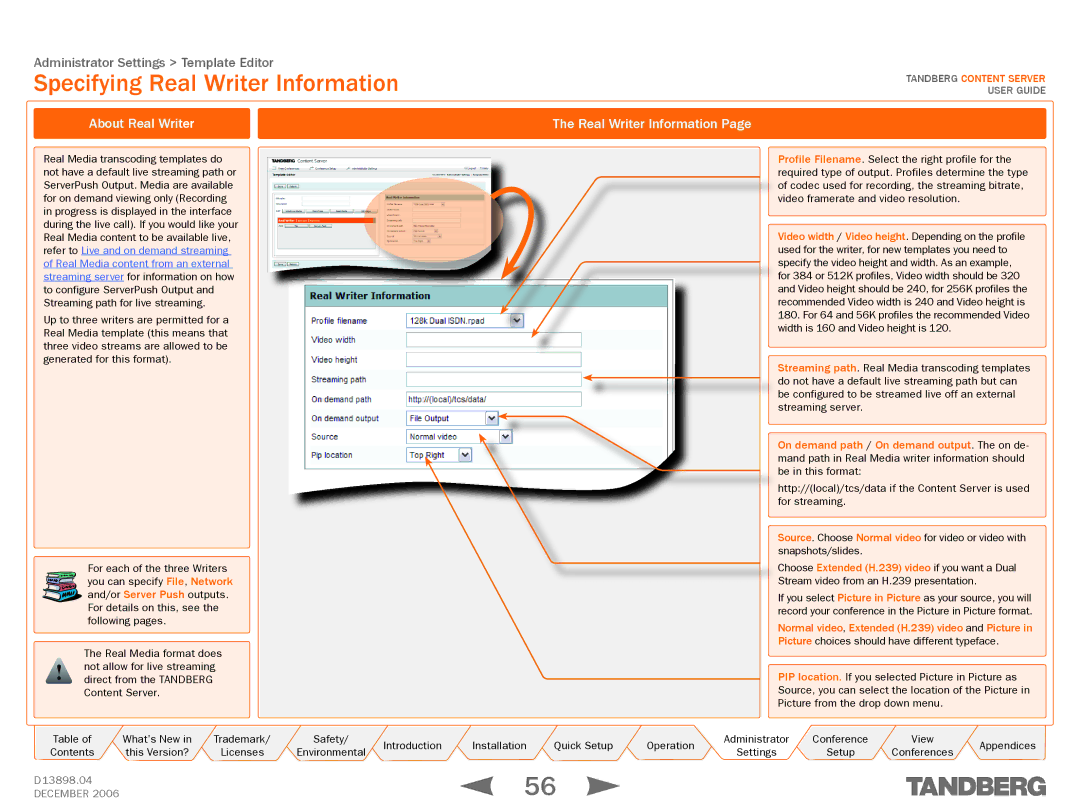 TANDBERG D13898.04 manual Specifying Real Writer Information, About Real Writer Real Writer Information 