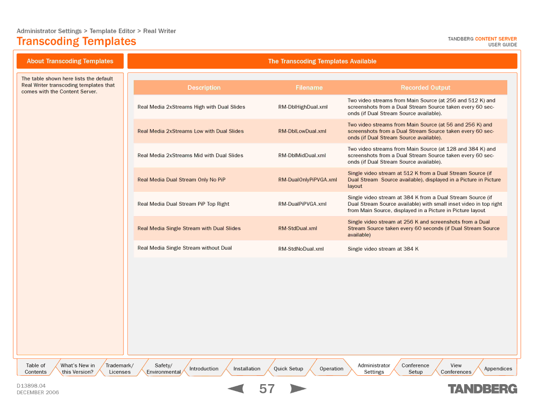 TANDBERG D13898.04 manual Description, Transcoding Templates Available Filename Recorded Output 