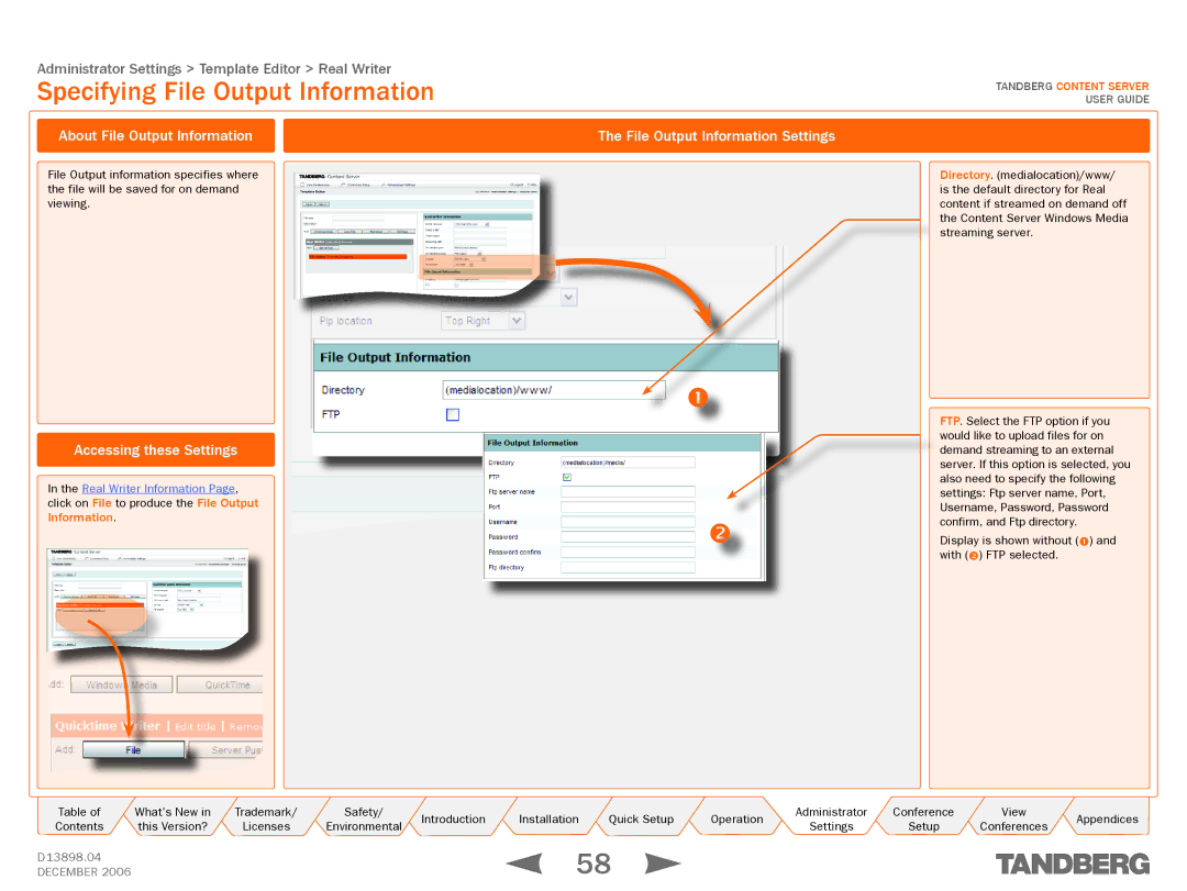 TANDBERG D13898.04 manual Specifying File Output Information 