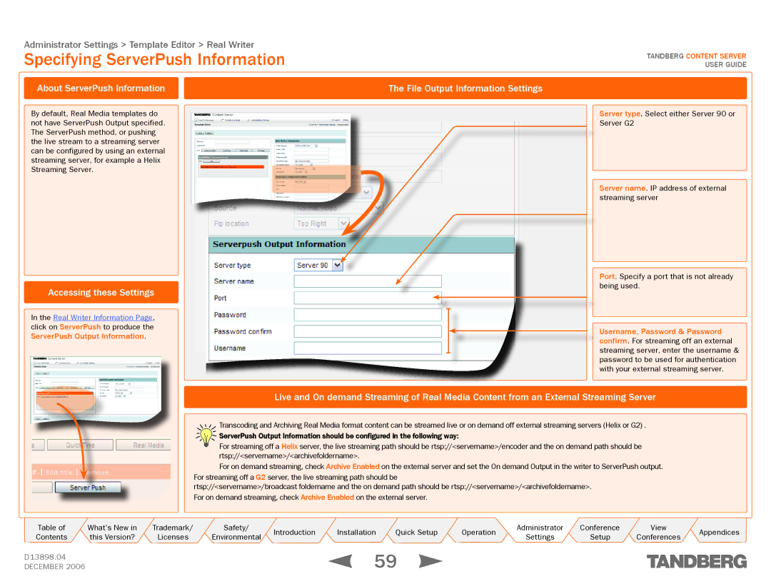 TANDBERG D13898.04 manual Specifying ServerPush Information 