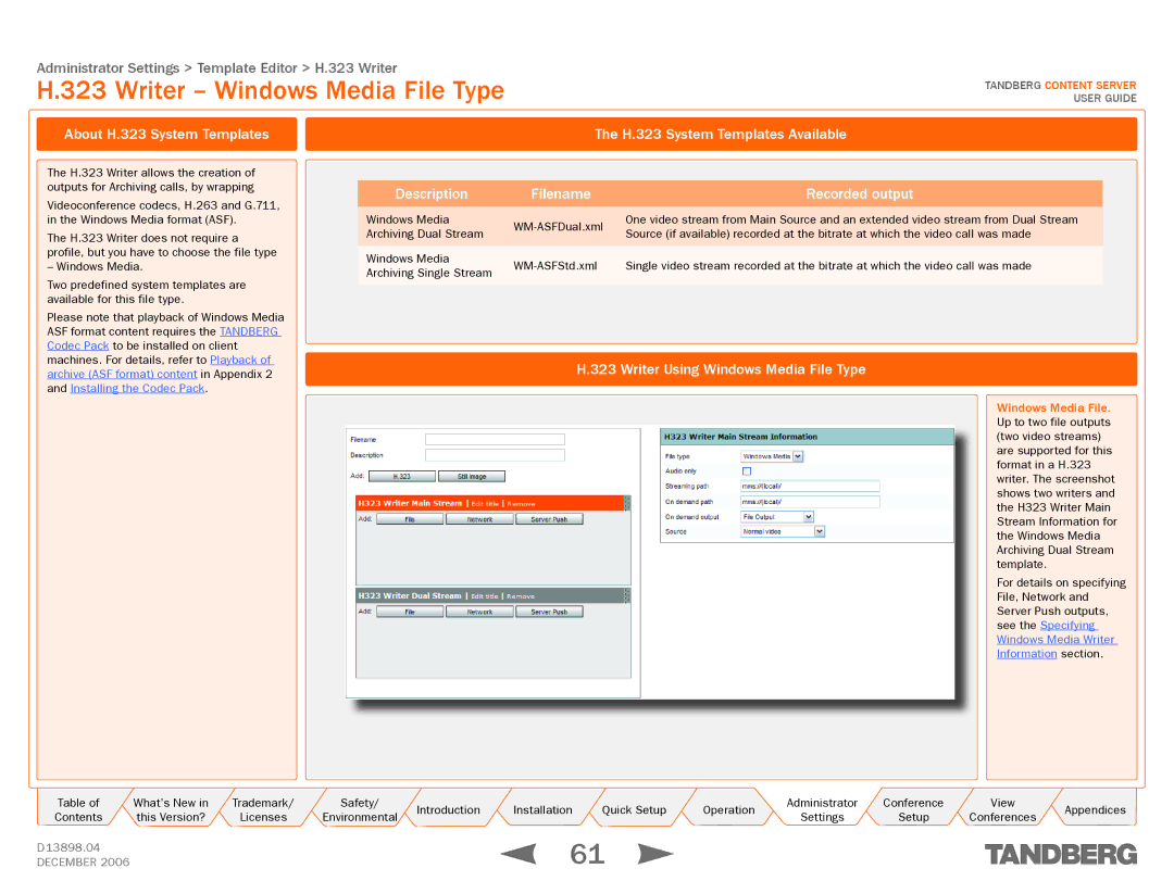 TANDBERG D13898.04 manual Writer Windows Media File Type, Description Filename, Writer Using Windows Media File Type 