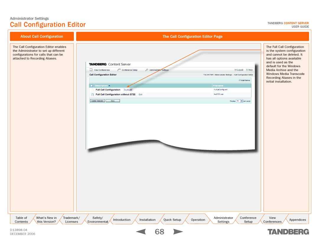 TANDBERG D13898.04 manual About Call Configuration Call Configuration Editor 