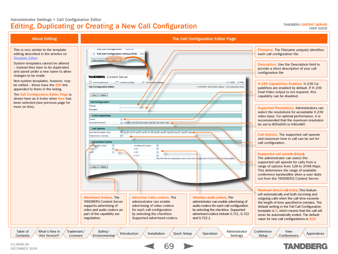 TANDBERG D13898.04 Editing, Duplicating or Creating a New Call Configuration, About Editing Call Configuration Editor 