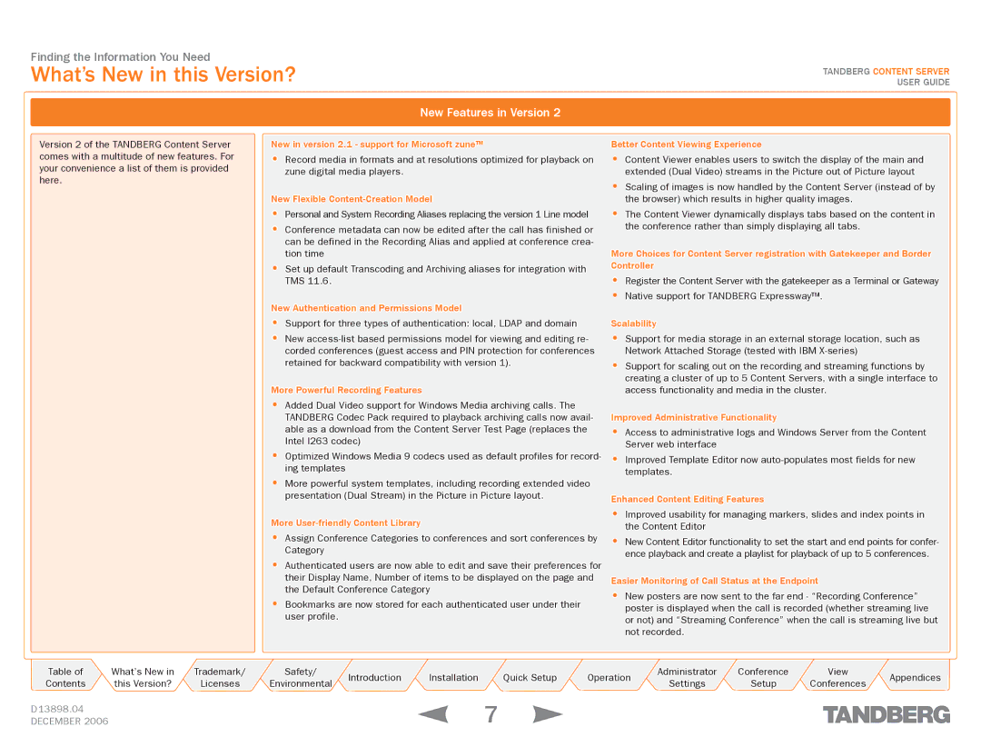 TANDBERG D13898.04 manual What’s New in this Version?, New Features in Version 