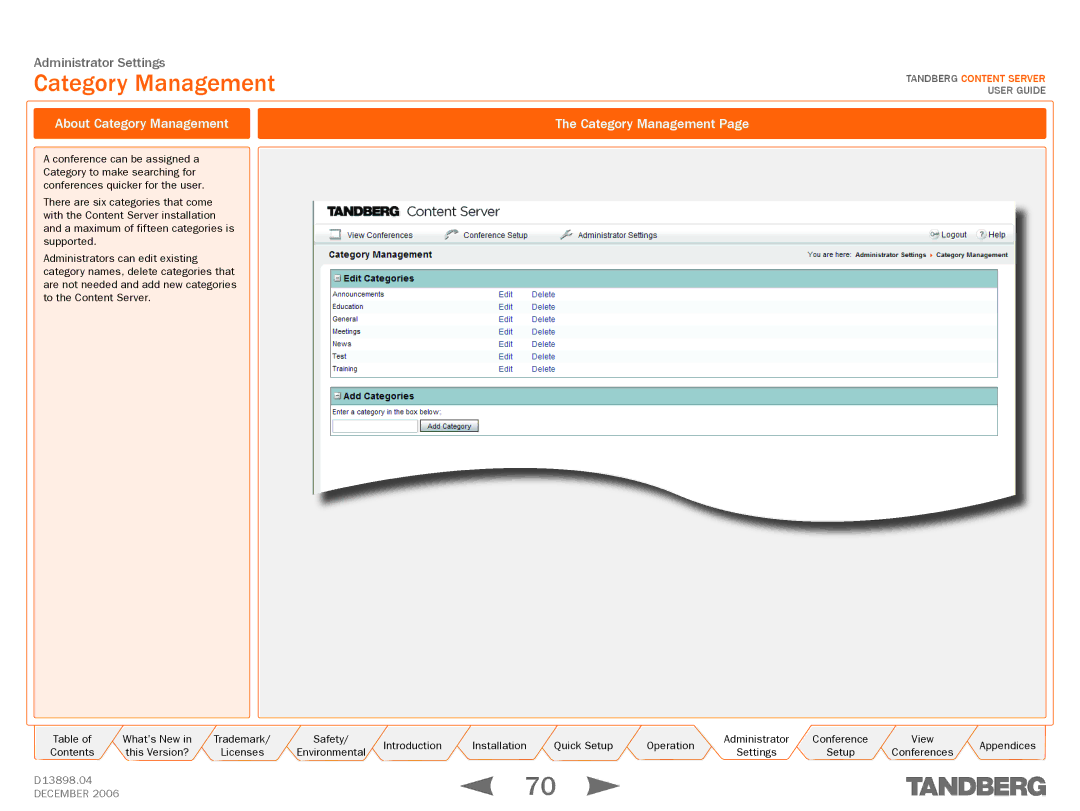 TANDBERG D13898.04 manual About Category Management 