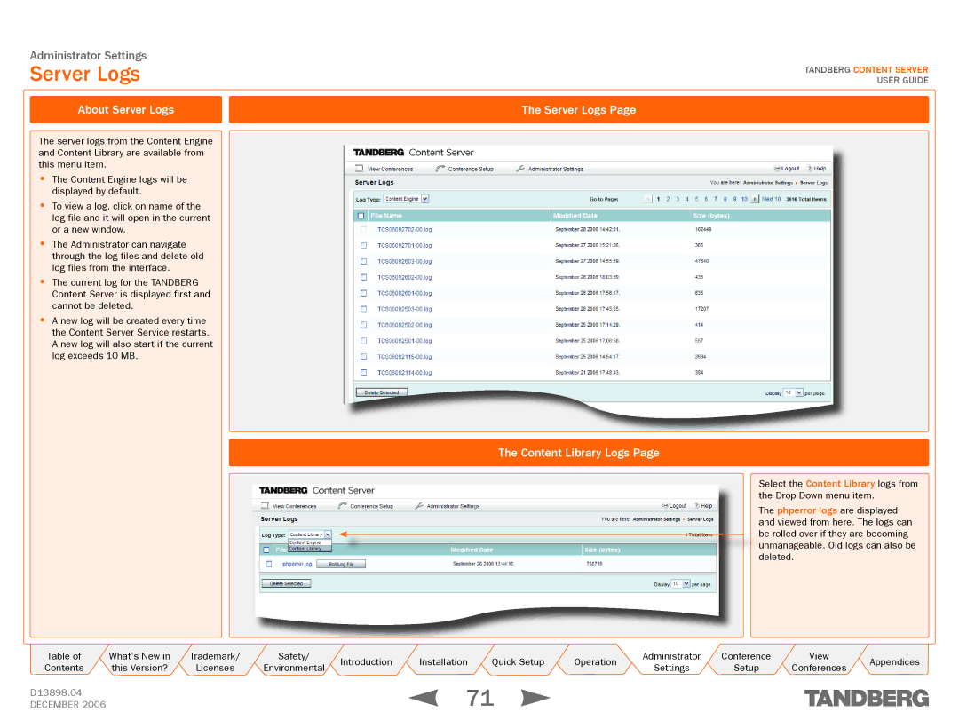 TANDBERG D13898.04 manual About Server Logs, Content Library Logs 