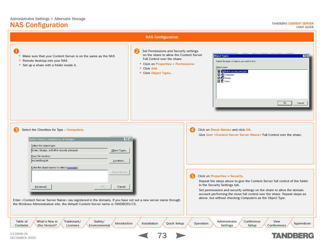 TANDBERG D13898.04 NAS Configuration, Click on Properties Permissions, Click Object Types,  Click on Properties Security 