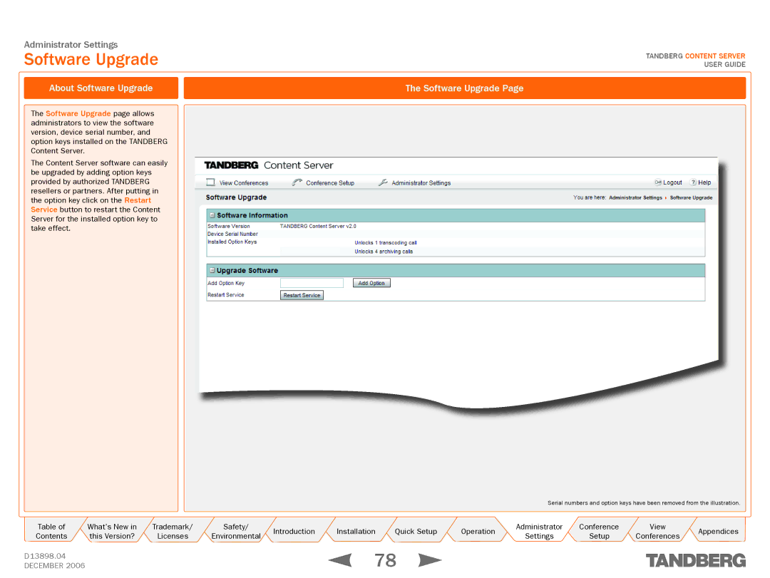 TANDBERG D13898.04 manual About Software Upgrade 