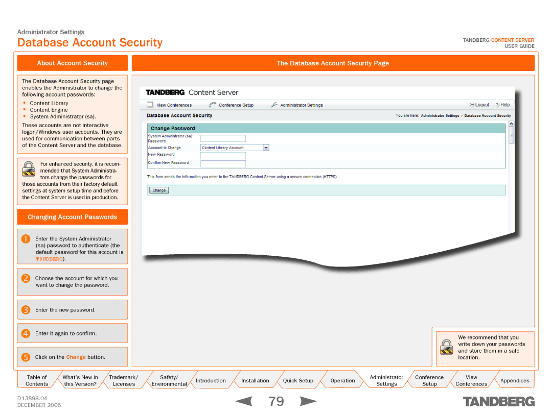 TANDBERG D13898.04 manual Database Account Security, About Account Security, Changing Account Passwords 