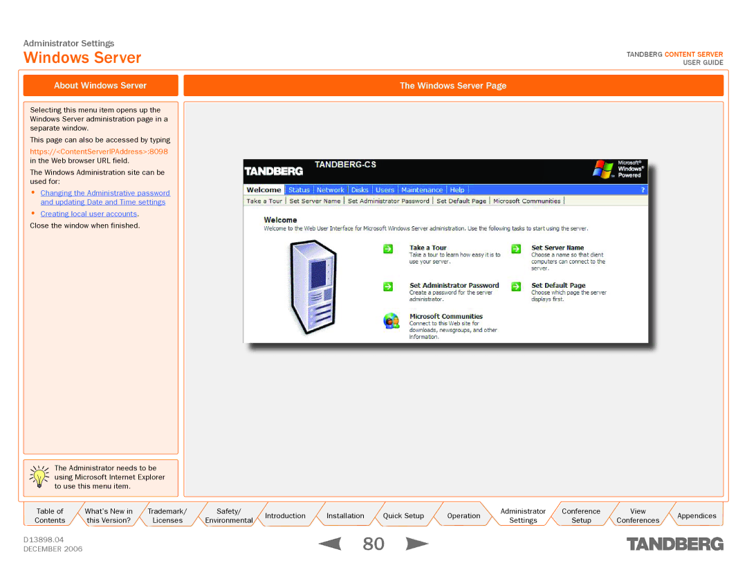 TANDBERG D13898.04 manual About Windows Server 