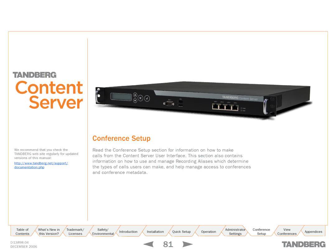 TANDBERG D13898.04 manual Conference Setup 