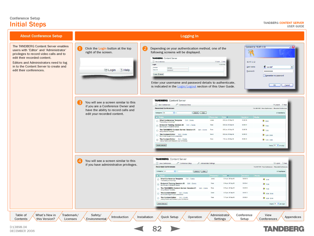 TANDBERG D13898.04 manual Initial Steps, About Conference Setup Logging 