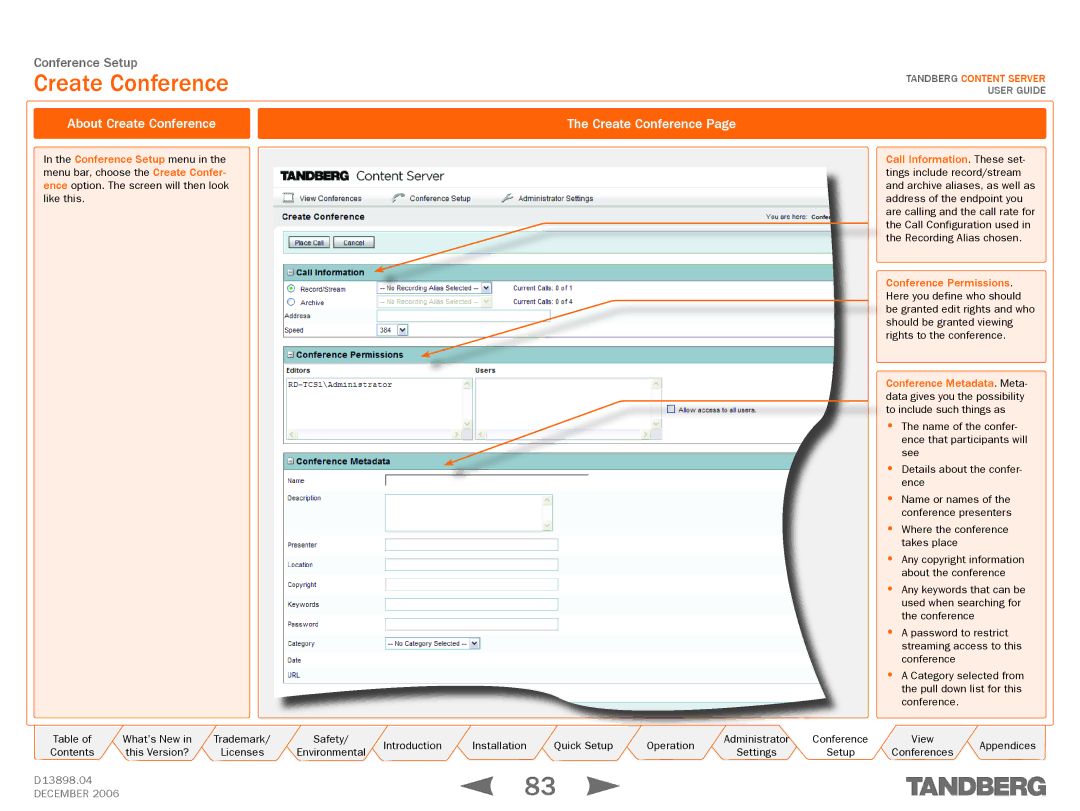 TANDBERG D13898.04 manual About Create Conference 