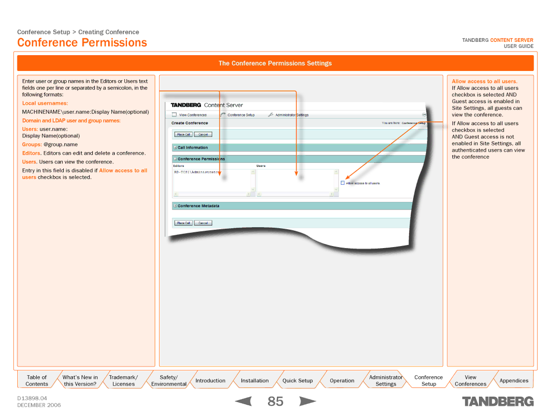 TANDBERG D13898.04 manual Conference Permissions Settings, Local usernames, Domain and Ldap user and group names 
