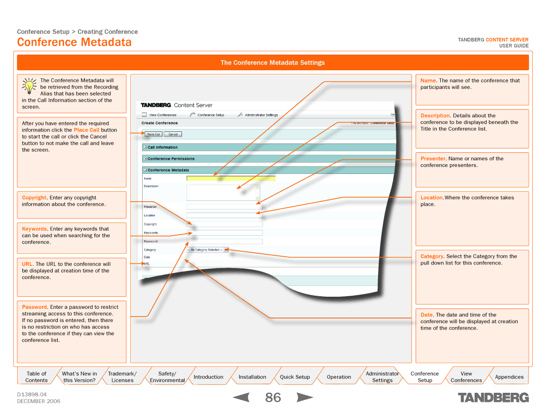 TANDBERG D13898.04 manual Conference Metadata Settings 