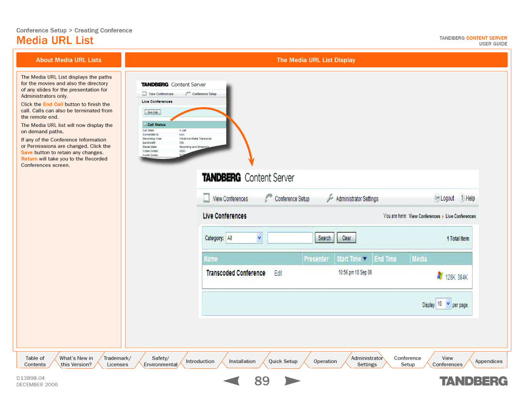 TANDBERG D13898.04 manual About Media URL Lists, Media URL List Display 