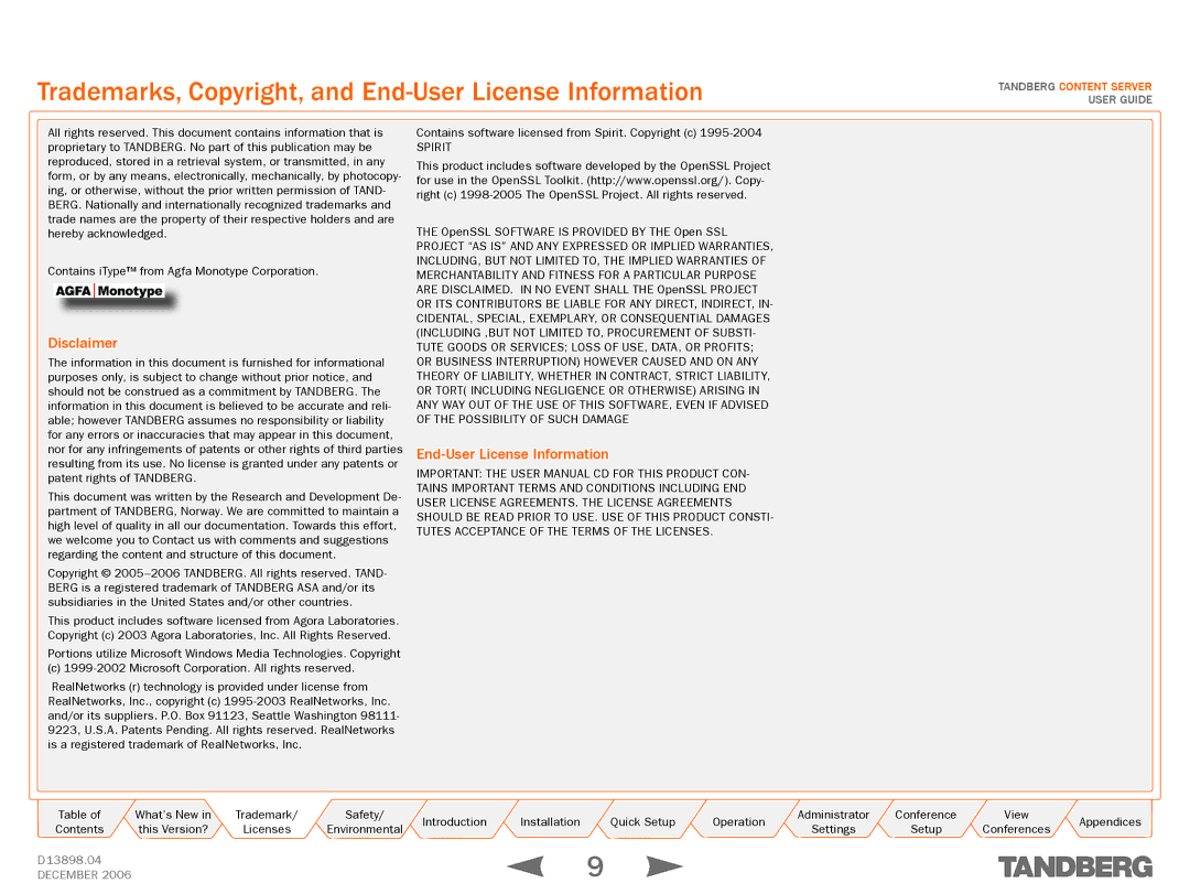 TANDBERG D13898.04 manual Trademarks, Copyright, and End-User License Information, Disclaimer 